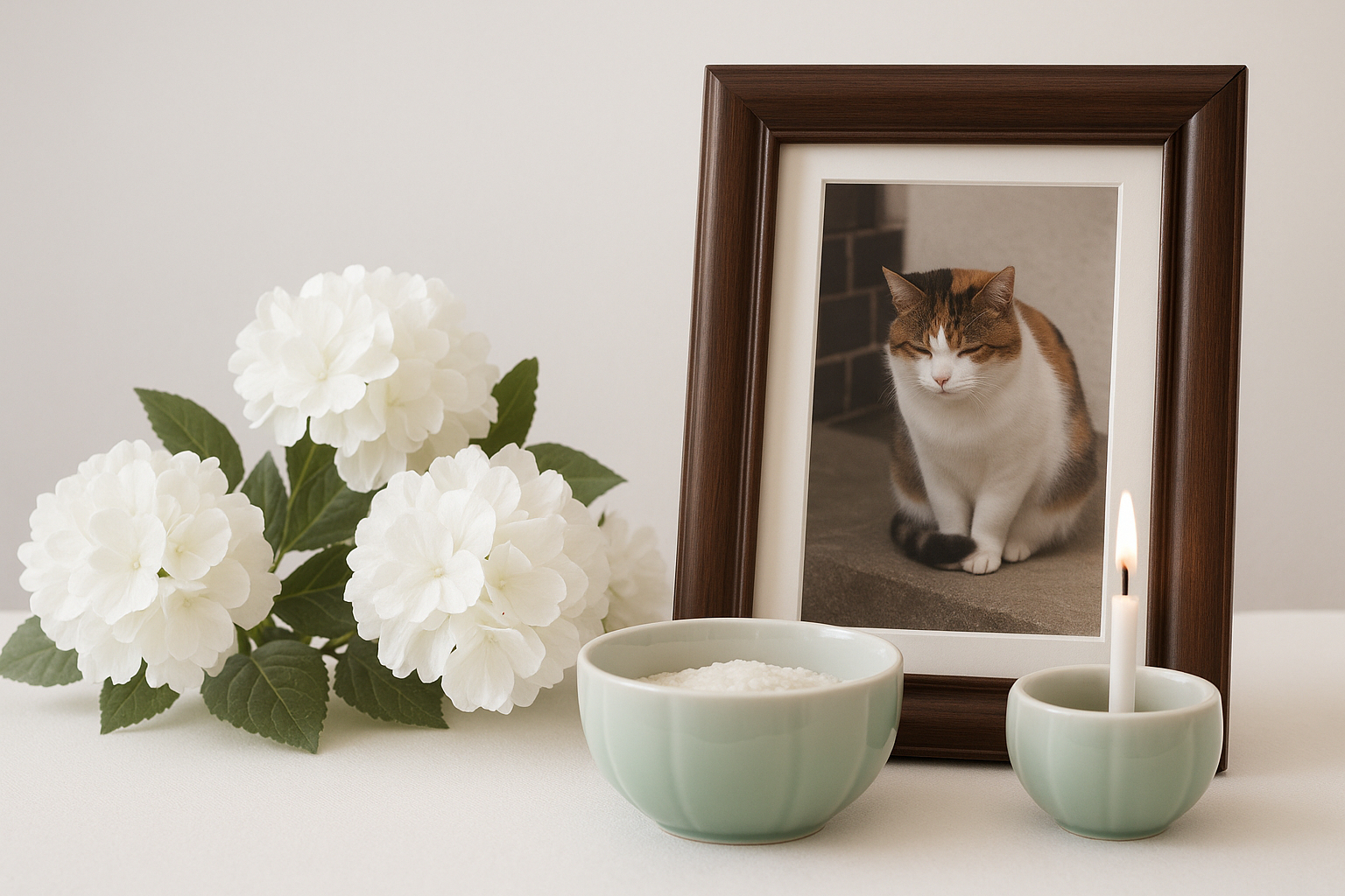猫の写真と花を棚において供養する様子