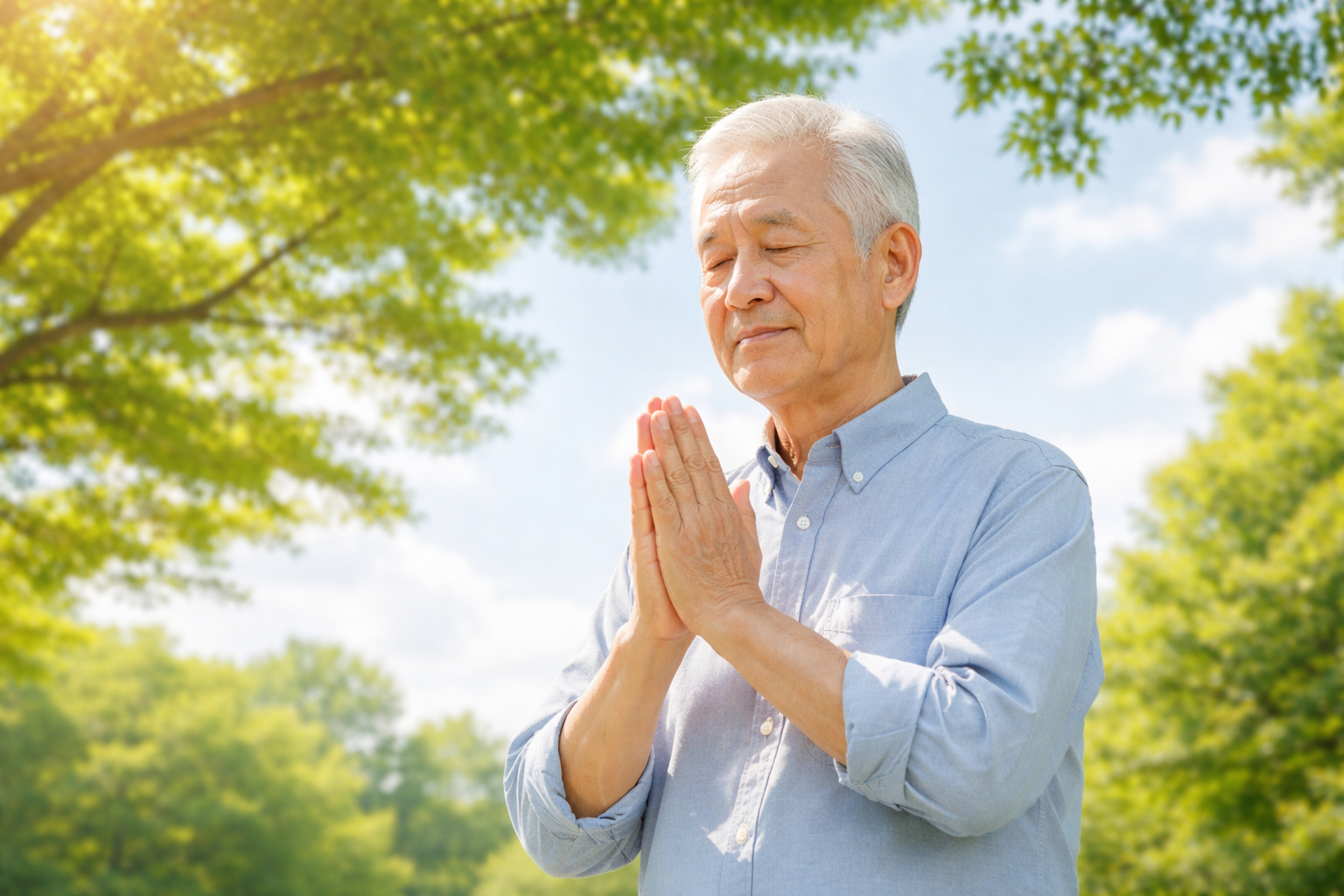 樹木の下で先祖を供養する男性のイメージ画像